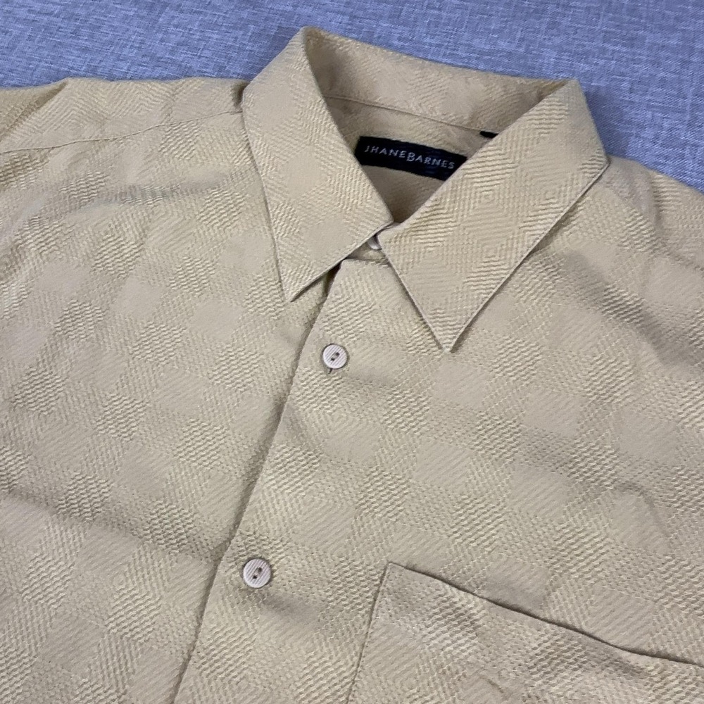 Jhane Barnes Shirt Mens XL Beige Geometric Short Sleeve Button Up Textured